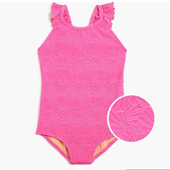 J. Crew Crewcuts Vibrant Pink Girls' ruffle-strap one-piece shell swimsuit NWT - Picture 1 of 5